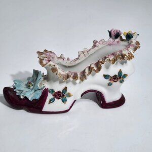 Porcelain Ruffled Edge Gilded Shoe Gold Accents Floral Details Japan